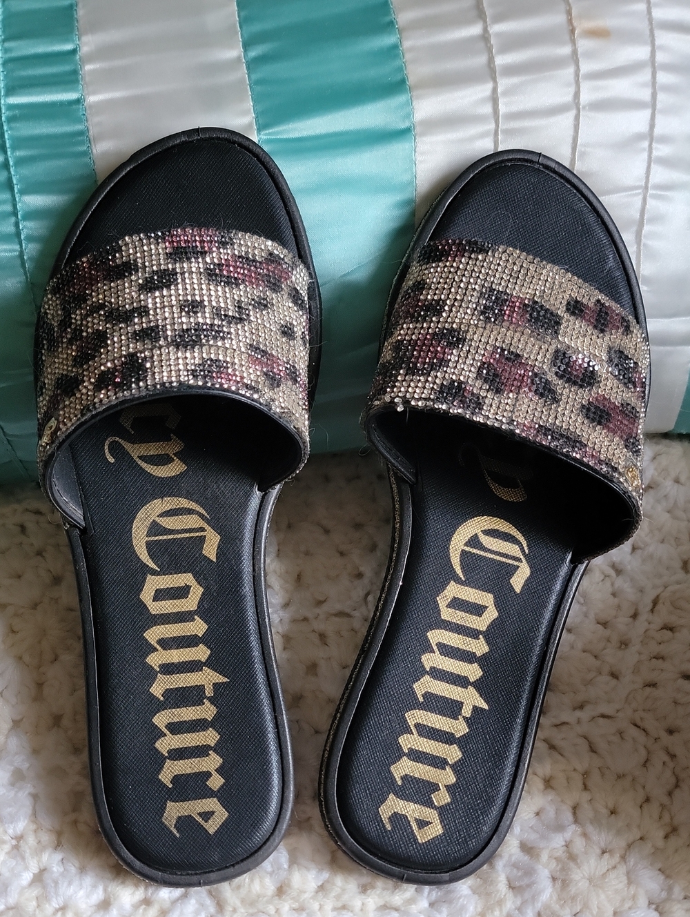 Juicy Couture Black Slide Sandals with Leopard Print Rhinestone Strap Size 7